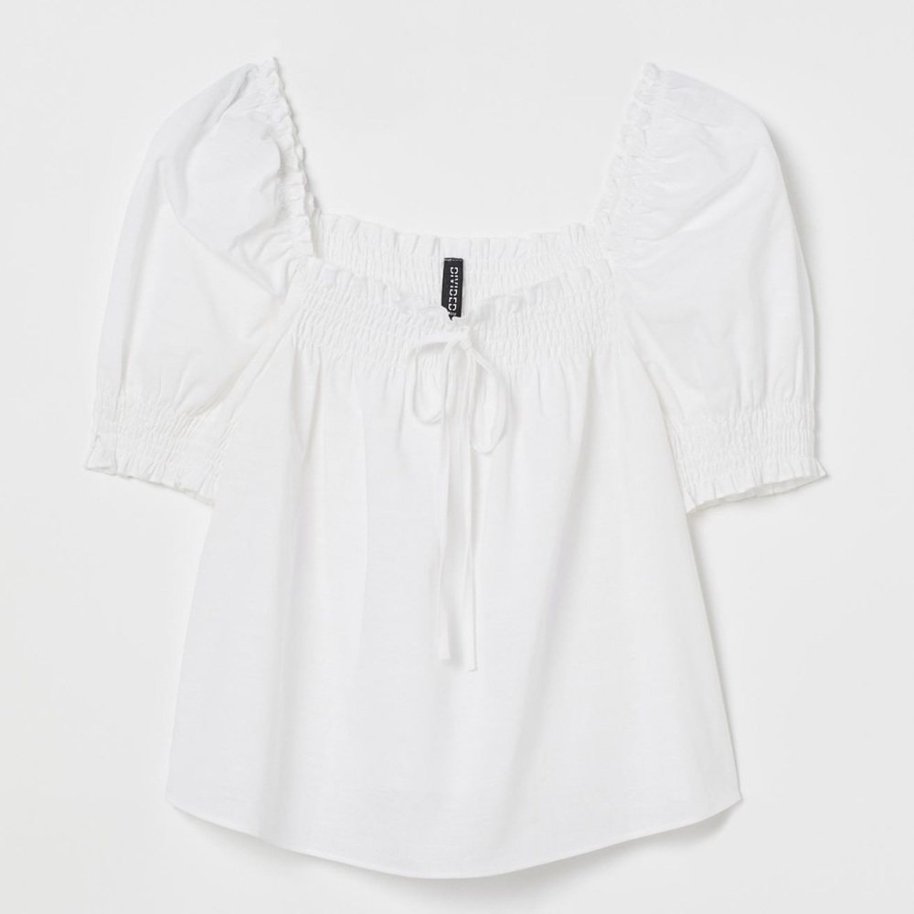 🛍 H&M Puff-sleeved Square-neck Cotton Top Shirt - Picture 4 of 7